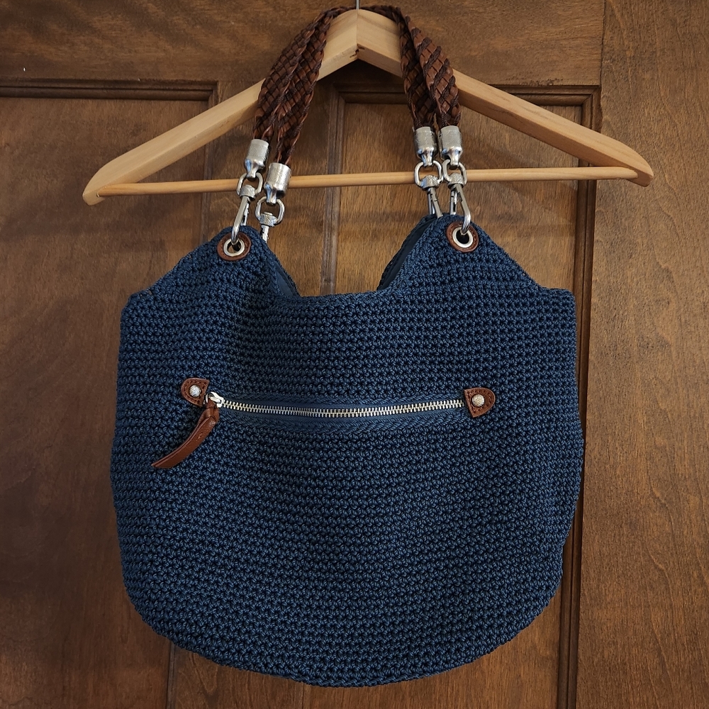 The Sak Navy Crochet/Woven Hobo Handbag Braided Straps
